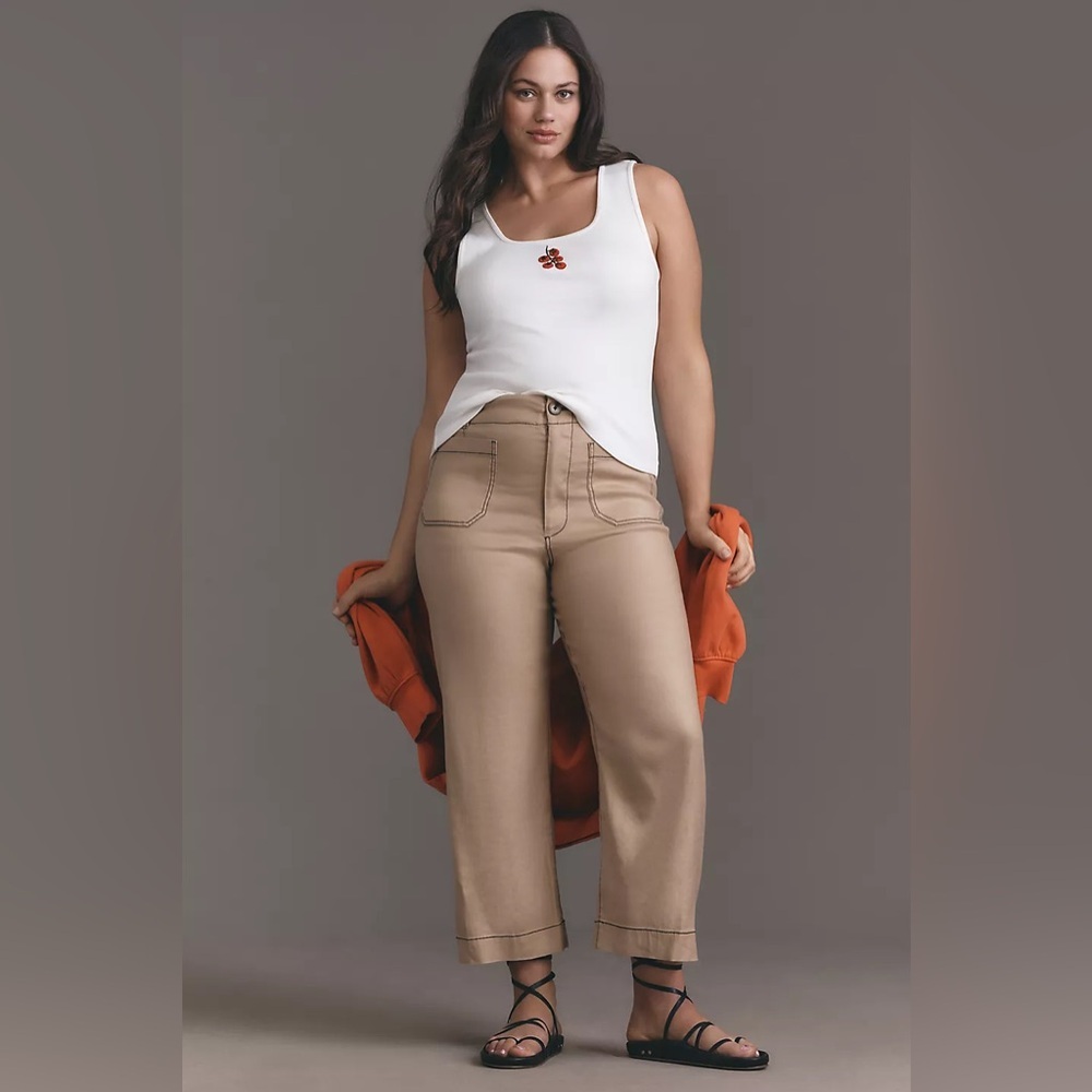 NWT Size 20W - The Colette Contrast-Stitch Linen Crop Wide-Leg Pants